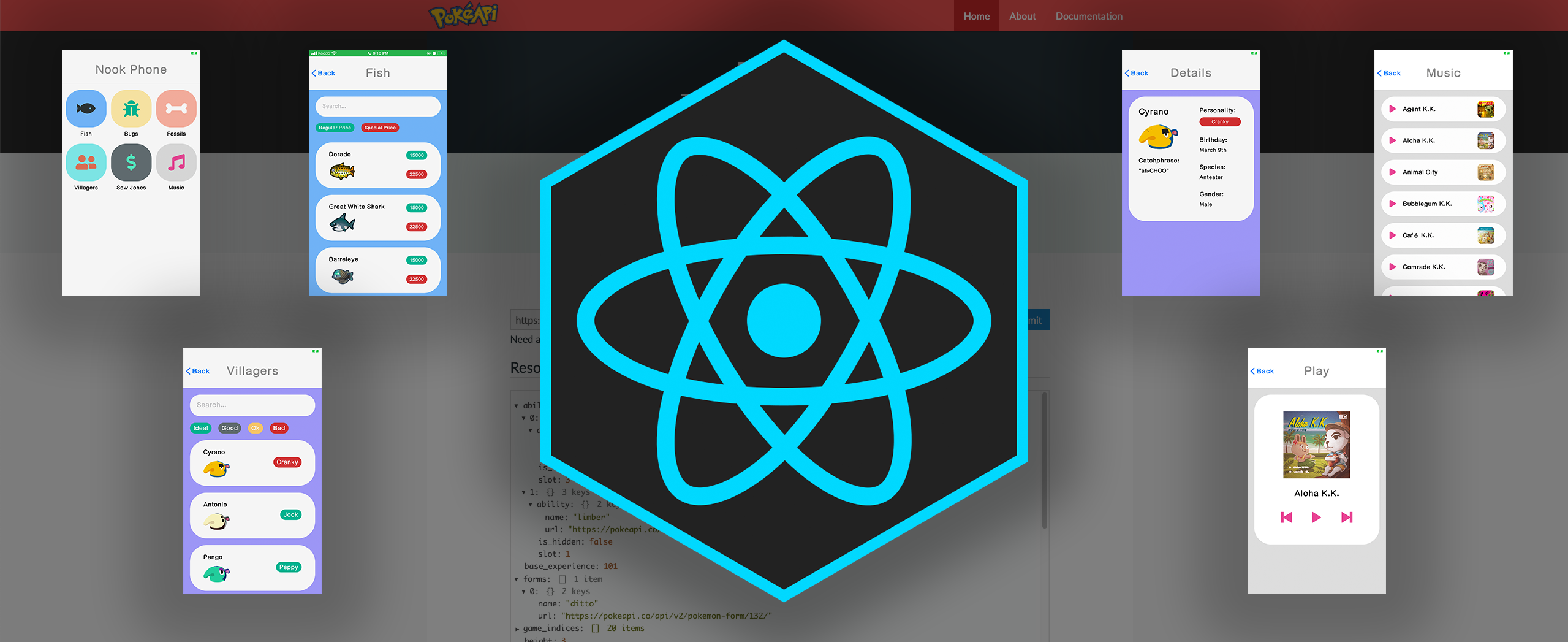 React Native Animal Crossing companion app showing creature list and detail UI.